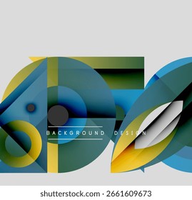 Abstract geometric shapes overlap, creating vibrant colorful design. Background features gradients, circles, rectangles, lines. Modern aesthetic.