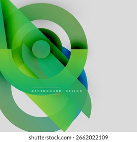 Formas geométricas abstratas se sobrepõem, criando gradientes verdes e azuis vibrantes. Elemento de design moderno para fundos, apresentações.