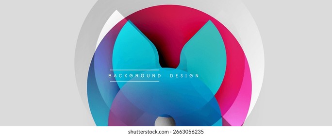 Abstract geometric shapes overlap, creating vibrant color gradients. Modern design elements suggest dynamic movement, sleek presentation.