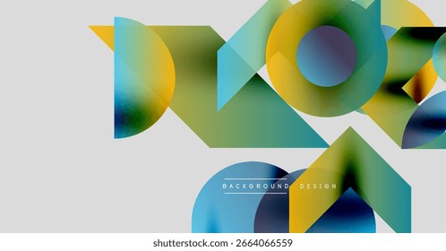 Abstract geometric shapes overlap, creating vibrant color gradients. Modern design elements suggest dynamic visual experience.