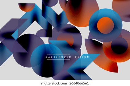 Abstract geometric shapes overlap, creating vibrant color gradients. Blue, orange, purple dominate composition. Modern design element.