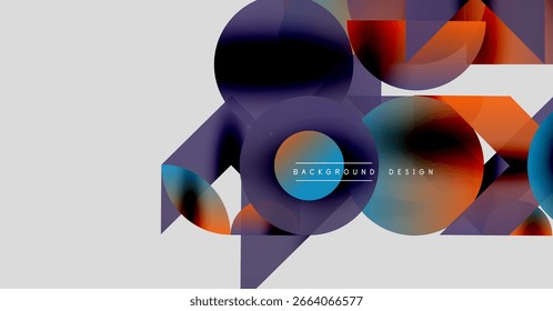 Formas geométricas abstratas se sobrepõem, criando gradientes de cores vibrantes. Elementos de design modernos sugerem experiência visual dinâmica.