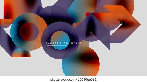 Abstract geometric shapes overlap, creating vibrant color gradients. Modern design elements suggest dynamic composition, suitable for backgrounds.