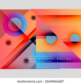 Las Formas geométricas Abstractas se superponen, creando Gradientes vibrantes. Los tonos naranja, púrpura y azul dominan la composición. Elementos de diseño modernos presentes.