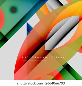 Abstract geometric shapes overlap, creating vibrant color gradients. Dynamic composition with smooth transitions, modern aesthetic.