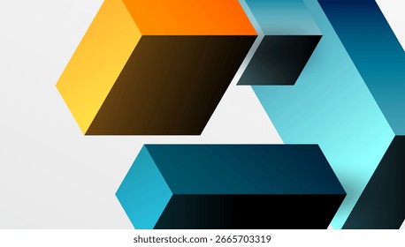 Las Formas geométricas Abstractas se superponen, creando una ilusión de profundidad. Los colores cálidos y fríos contrastan con el fondo blanco. Diseño moderno.