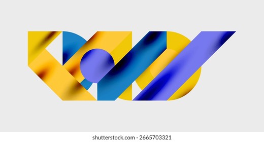 Formas geométricas abstratas se sobrepõem, criando uma composição vibrante. Amarelos, azuis dominam o design, sugerindo movimento, energia.