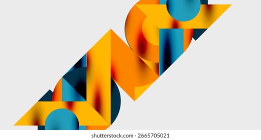 Formas geométricas abstratas se sobrepõem, criando composição dinâmica. Laranja, tons azuis dominam o design. Estética moderna.