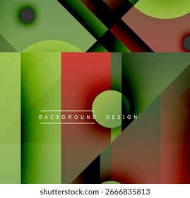 Abstract geometric shapes overlap, creating vibrant color gradients. Design features rectangles, circles, triangles. Modern aesthetic.