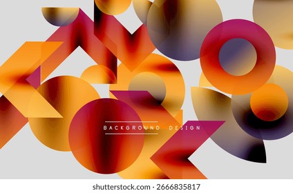 Formas geométricas abstratas se sobrepõem, criando gradientes laranja vibrante e roxo. Design moderno, adequado para fundos, apresentações.