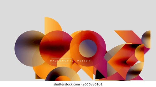 Abstract geometric shapes overlap, creating vibrant orange, purple tones. Modern design elements suggest dynamic composition.