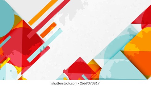 Abstract geometric shapes overlap, creating dynamic composition. Bright colors contrast with textured white background. Modern design elements present.