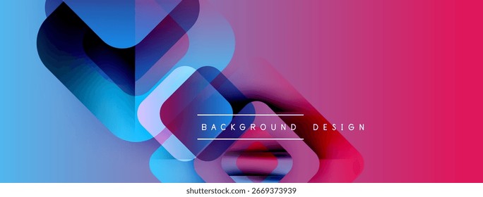 Formas geométricas abstratas se sobrepõem, criando um efeito de gradiente vibrante. Tons azuis, roxos e cor-de-rosa dominam o design. O texto lê o design do plano de fundo.