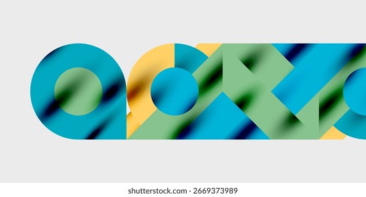 Abstract geometric shapes overlap, creating vibrant color blends. Blue, green, yellow hues dominate composition. Minimalist design.