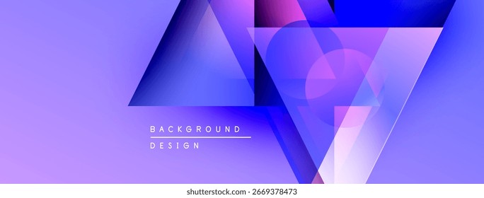 Abstract geometric shapes overlap, creating vibrant purple, blue gradients. Minimalist text reads background design. Modern aesthetic.
