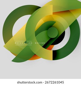 Abstract geometric shapes overlap, creating dynamic visual effect. Green, yellow, orange hues dominate neutral backdrop. Modern design element.