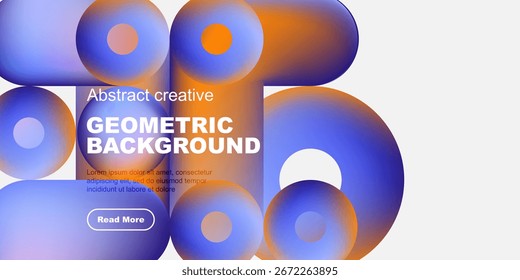 Abstract geometric shapes overlap, creating vibrant blue, orange gradients. Text promotes creative background design, includes call to action.