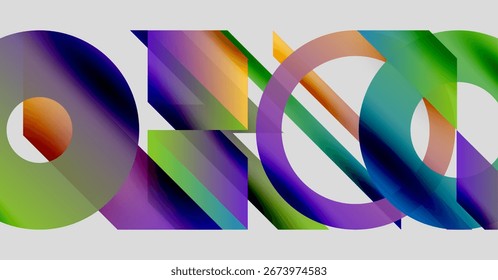 Formas geométricas abstratas se sobrepõem, criando gradientes de cores vibrantes. Composição apresenta círculos, triângulos, linhas, design moderno.