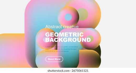 Abstract geometric shapes overlap, creating vibrant color gradients. Text promotes creative background design with call to action.