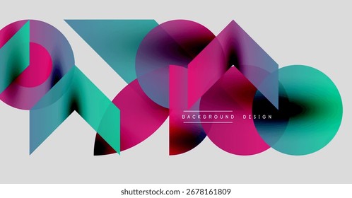 Abstract geometric shapes overlap, creating vibrant color gradients. Modern design elements suggest fluidity, motion, innovation. Background is light gray.