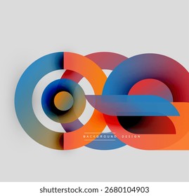 Abstract geometric shapes overlap, creating vibrant color gradients. Modern design features circular, rectangular elements. Background is light gray.