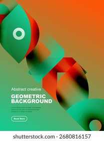 Abstract geometric shapes overlap, creating vibrant color gradients. Design features teal, orange, red hues. Text promotes creative background.