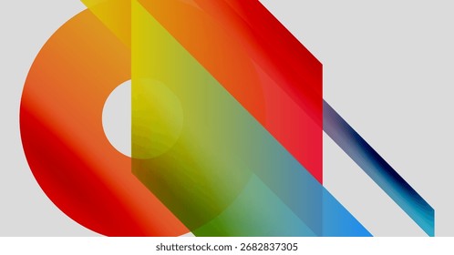 Abstract geometric shapes overlap, creating vibrant color gradients. Composition features circular, triangular forms, modern design aesthetic.