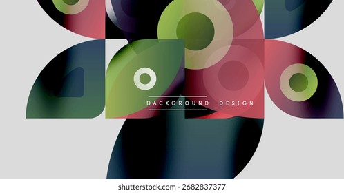 Abstract geometric shapes overlap, creating vibrant color blends. Modern design features circles, squares, gradients. Minimalist aesthetic.