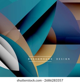 Abstract geometric shapes overlap, creating layered visual effect. Colors include blues, browns, grays, blacks. Modern design elements present.