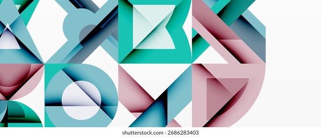 Formas geométricas abstratas se sobrepõem, criando um efeito visual em camadas. Teal, rosa, tons azuis dominam a composição. Design minimalista.