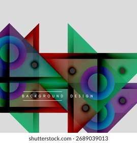 Formas geométricas abstratas se sobrepõem, criando gradientes de cores vibrantes. Círculos, quadrados, triângulos formam elementos de design moderno.