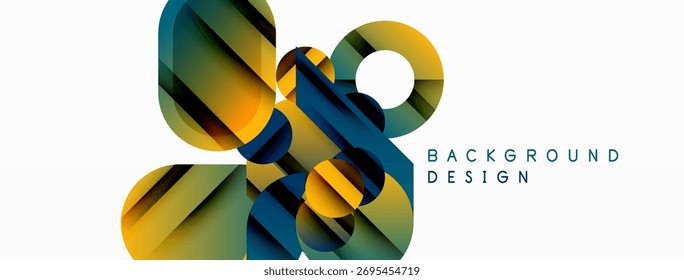 Abstract geometric shapes overlap, creating dynamic visual effect. Colors blendgold, blue, greenon white backdrop. Modern design element.
