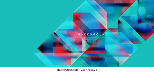 Formas geométricas abstratas se sobrepõem, criando tons vibrantes de azul e vermelho. Fundo turquesa fornece contraste, elemento de design moderno.