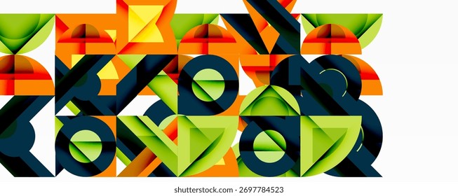 Formas geométricas abstratas se sobrepõem, criando padrões coloridos. Linhas negras, triângulos, círculos dominam a composição. Design moderno.