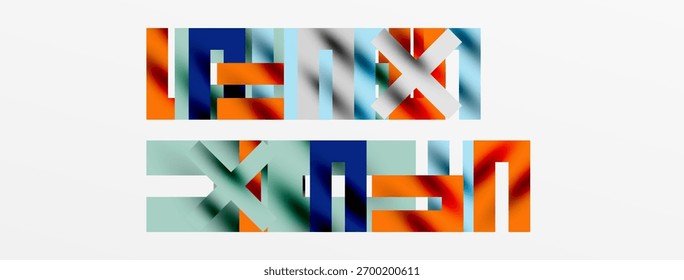 Abstract geometric shapes overlap, creating colorful blocks. Design features layered rectangles, blues, oranges, greens. Minimalist composition.