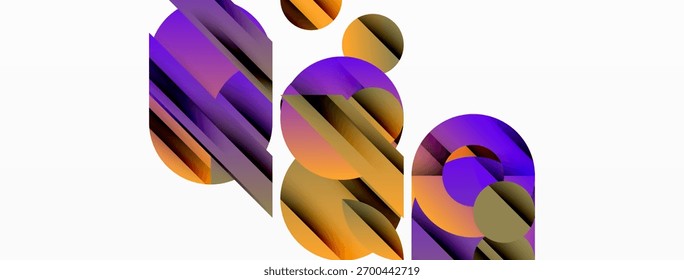 Abstract geometric shapes overlap, creating vibrant purple, orange hues. Minimalist design with clean lines, modern aesthetic.