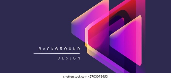 Formas geométricas abstratas se sobrepõem, criando um efeito de gradiente vibrante. Fundo roxo escuro aumenta a profundidade visual. Elemento de design moderno.