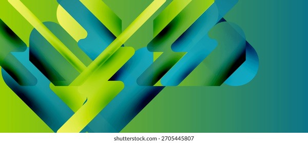 Formas geométricas abstratas se sobrepõem, criando gradientes verdes vibrantes e azuis. O design moderno evoca energia, movimento, profundidade. Composição minimalista.