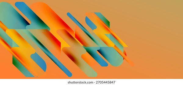 Las Formas geométricas Abstractas se superponen, creando vibrantes Gradientes naranjas y azules. El fondo es beige cálido. Diseño moderno, composición dinámica.