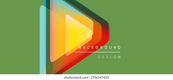 Abstract geometric shapes overlap, creating vibrant color gradients. Design features text elements, background is muted green.