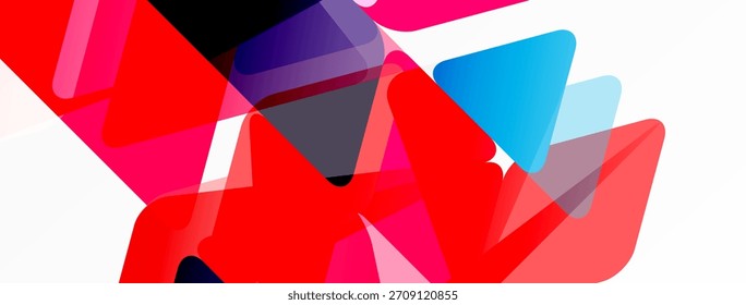 Formas geométricas abstratas se sobrepõem, criando uma composição vibrante de vermelho, rosa, roxo e azul. Design moderno, energia dinâmica, estética limpa.