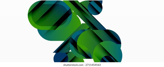 Abstract geometric shapes overlap, creating dynamic composition. Greens, blues dominate neutral background. Modern design elements present.