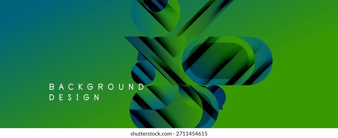 Abstract geometric shapes overlap, creating dynamic green gradient background. Modern design elements suggest innovation, technology.