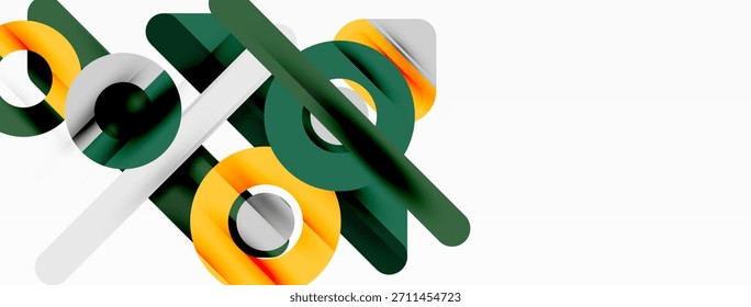 Abstract geometric shapes overlap, creating dynamic composition. Colors include orange, green, gray, white. Minimalist design, modern aesthetic.