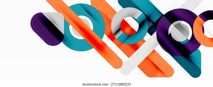 Abstrakte geometrische Formen überlappen sich und erzeugen dynamische, farbenfrohe Muster. Moderne Gestaltungselemente suggerieren Bewegung, Innovation.