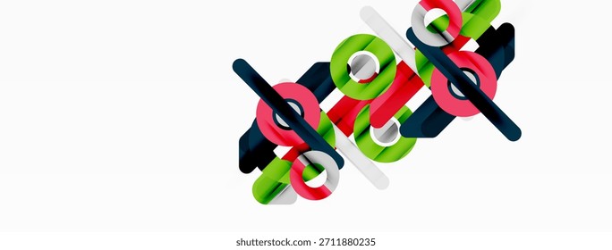 Abstrakte geometrische Formen überlappen sich und erzeugen ein farbenfrohes Design. Linien, Kreise, Rechtecke bilden ein modernes Muster. Helle Farbtöne dominieren die Komposition.