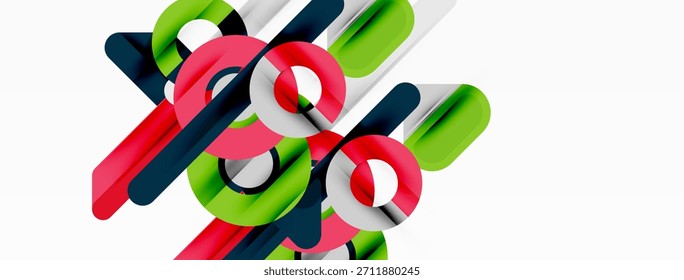 Abstrakte geometrische Formen überlappen sich und erzeugen dynamische Komposition. Die Farben sind rot, grün, blau, weiß. Moderne Gestaltungselemente sind vorhanden.