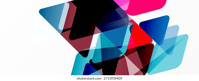 Las Formas geométricas Abstractas se superponen, creando mezclas de colores vibrantes. Los triángulos dominan la composición, ofreciendo una estética moderna.