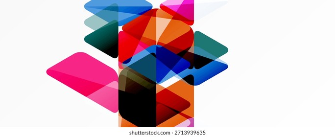 Formas geométricas abstratas se sobrepõem, criando misturas de cores vibrantes. Composição apresenta transparência, ângulos, elementos de design moderno.