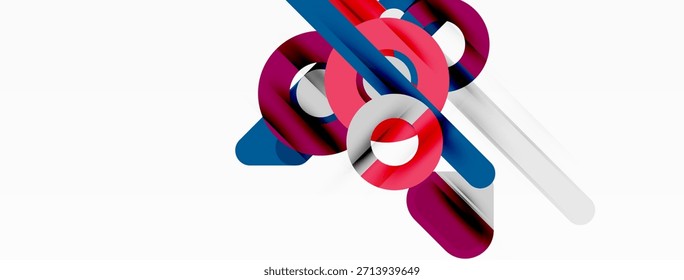 Abstract geometric shapes overlap, creating dynamic composition. Colors include red, blue, white. Minimalist design, modern aesthetic.
